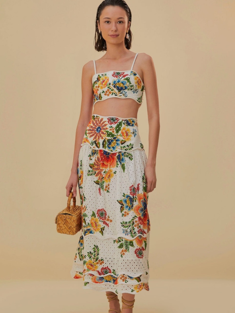 FARM Rio White Eyelet Floral Crop Top with Multicolor Blooms